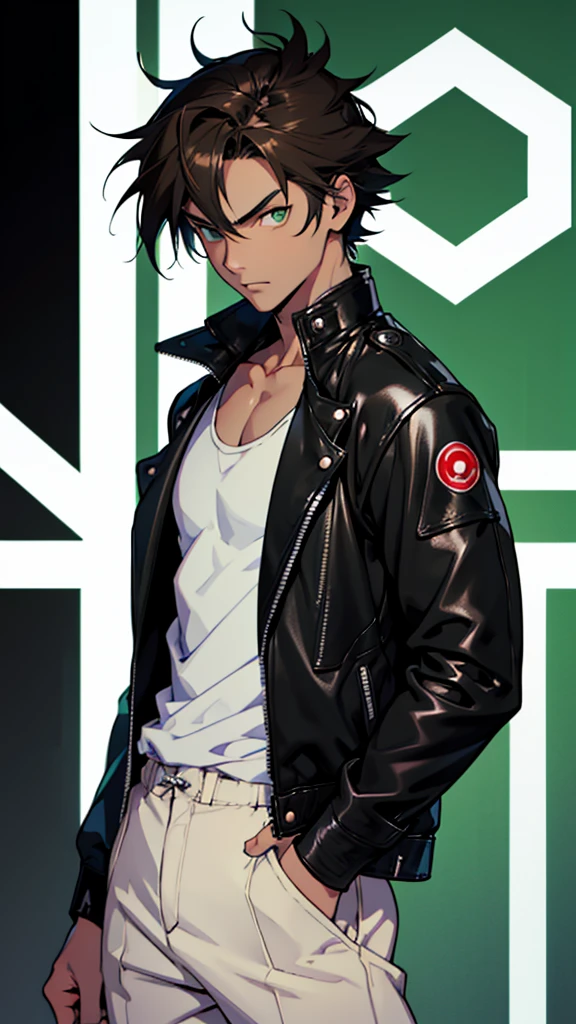 17 year old boy, 1.60 cm tall, dark green eyes, long dark brown hair, slim and muscular  , Tokyo revengers style and  long face, fighter  
Anime, dressed in a white tank top and long black trousers and a black leather jacket with Japanese symbols  