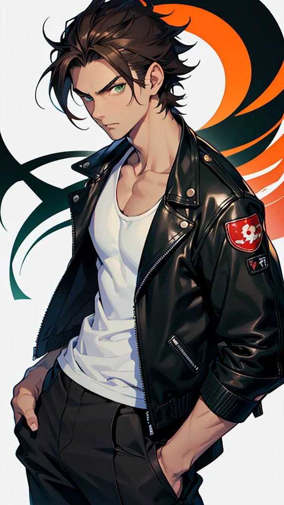 17 year old boy, 1.60 cm tall, dark green eyes, long dark brown hair, slim and muscular , Tokyo revengers style and long face, fighter
Anime, dressed in a white tank top and long black trousers and a black leather jacket with Japanese symbols