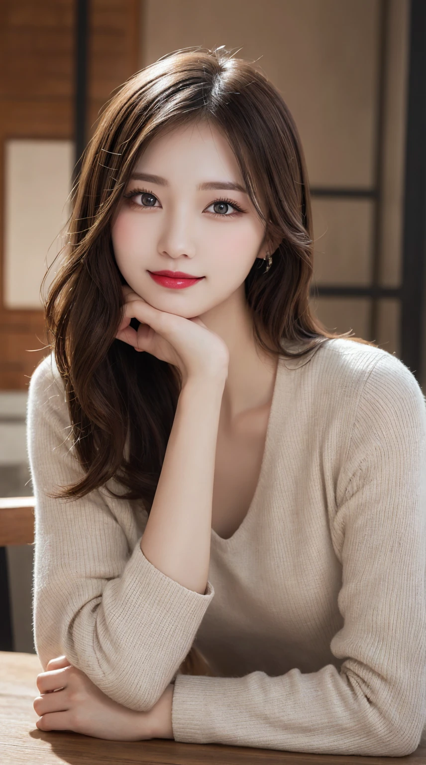On the table, best quality, illustration, Extremely detailed, Fine details, high resolution, 8k wallpaper, Perfect dynamic composition, Beautiful and delicate eyes, Dores,Medium Length Hair, Middle chest, Natural lipstick, Casual and sexy pose,Smile,Tower Building