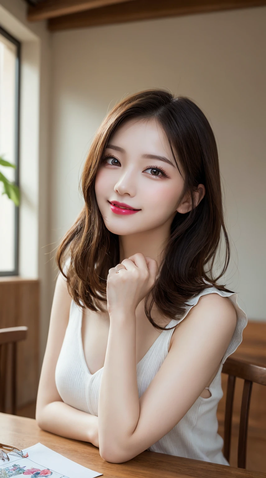 On the table, best quality, illustration, Extremely detailed, Fine details, high resolution, 8k wallpaper, Perfect dynamic composition, Beautiful and delicate eyes, Dores,Medium Length Hair, Middle chest, Natural lipstick, Casual and sexy pose,Smile,Tower Building