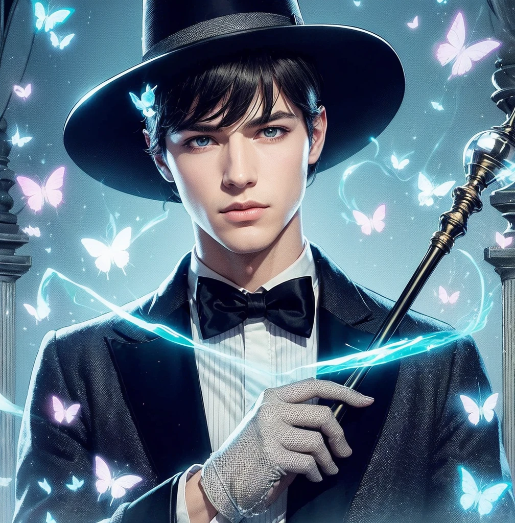 American classic comic book art: Handsome ethereal young man delicate, black short hair bangs, black wizard hat on head, navy black magician outfit Zatanna, fishnet stockings, holding an elegant cane, white gloves, emanating bright blue magic, yellow pink energy, white eyes, sorcerer magician, beautiful thighs, very young face man, lilac light magical butterflies, Magic of Imagination, casting spell, medieval castle, classic comic book 