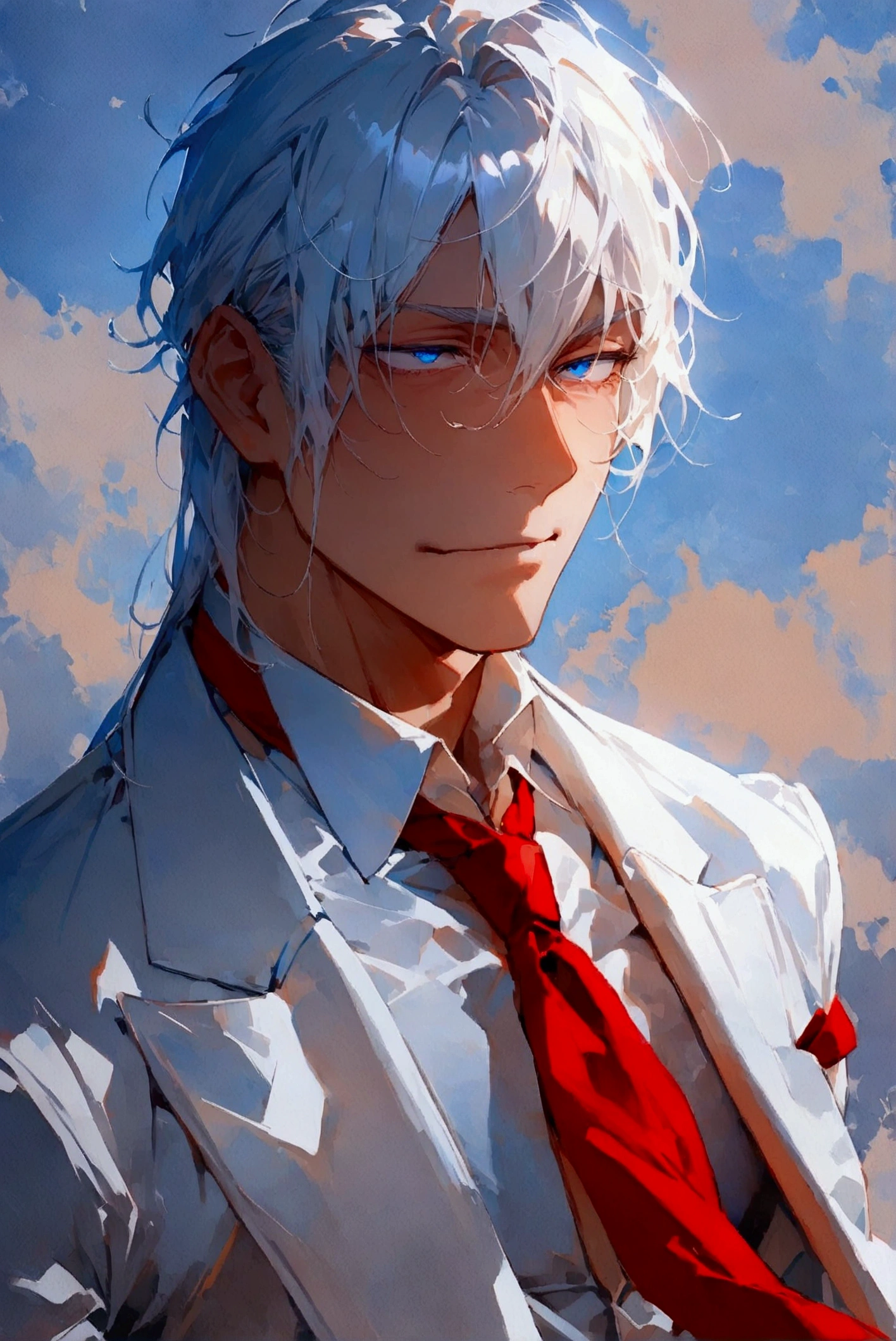 ((masterpiece)), ((best quality)), (from front, facing front:1.32), (close-up:1.36), (half-body shot:1.36), perfect anatomy, 1man solo, adult man, extremely long straight white hair, blue eyes, white suit, red tie, very weak smile, lighting from front