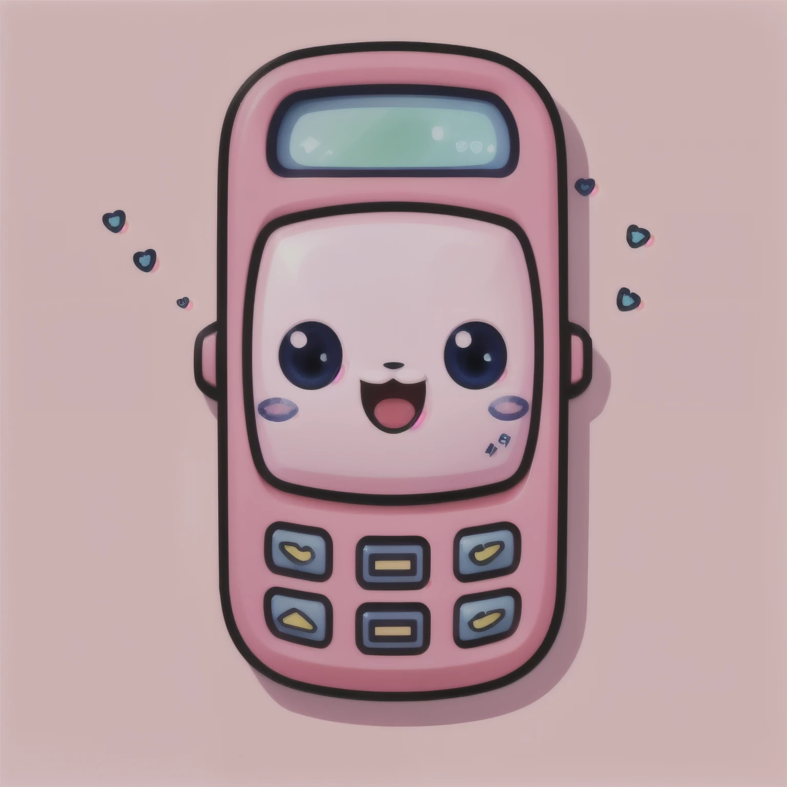 Sky blue 2000s cell phone, with eyes and mouths of kawaii kittens, アニメ, Fluttering, numeric keyboard, wifi logo