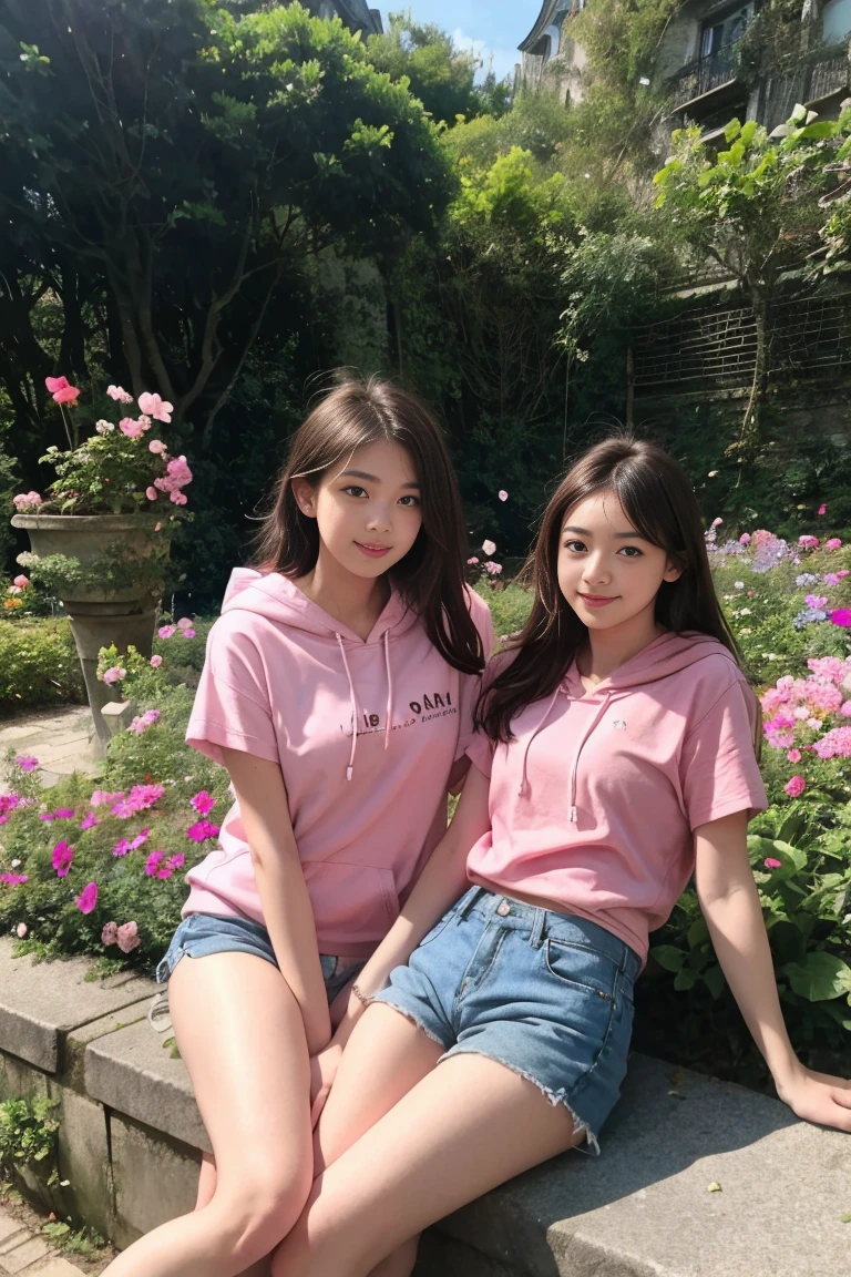 deux femmes ensemble de 18 ans sexy et mince , pink short sleeve hoodie , dans un jardin de fleur, se touche,position sey,sensuel
