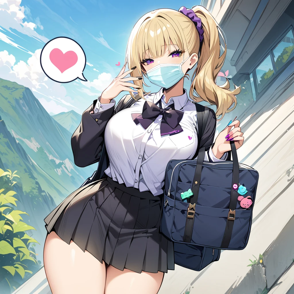 (masterpiece, best quality:1.2), JK,huge tit,1girl,aqua nails,bag,black bowtie,black nails,blonde hair,blue nails,breasts,gradient,gradient background,green nails,hair scrunchie,heart,mask,mouth mask,multicolored nails,nail polish,pink nails,purple nails,school bag,school uniform,scrunchie,skirt,solo,spoken heart,surgical mask