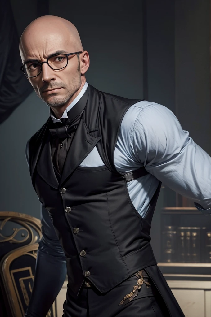 Doctor Steel, one man, bald, wearing black glasses, thin, naked, passion, lust, correct anatomy, Victorian era, The most realistic face, realistic body, detailed face, there is a telescope in the back