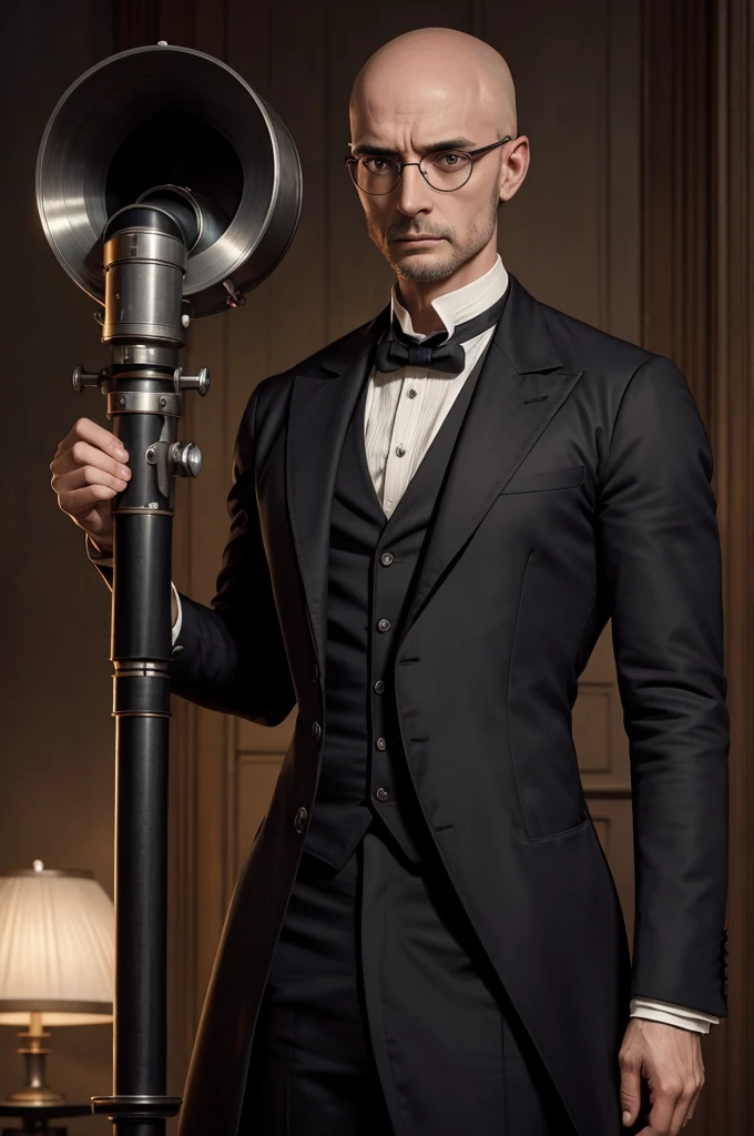 Doctor Steel, one man, bald, wearing black glasses, thin, naked, passion, lust, correct anatomy, Victorian era, The most realistic face, realistic body, detailed face, there is a telescope in the back