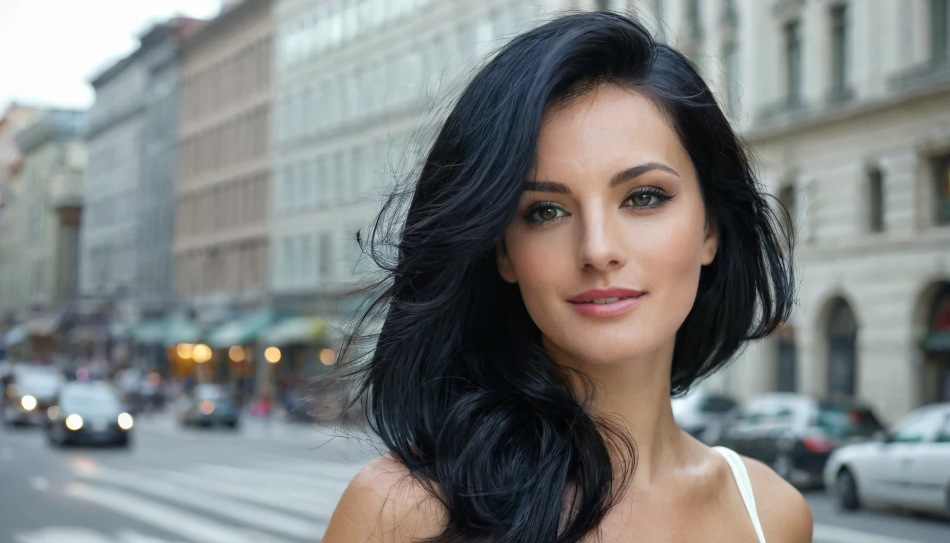 a beautiful woman in the city black hair