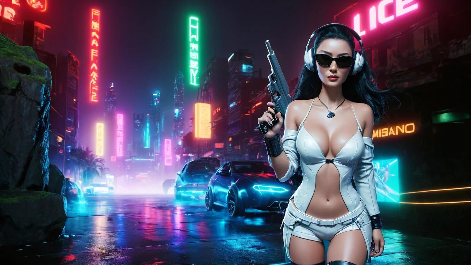 At night, dark sky, distant shot aerial view of fantasy cyberpunk style ice ((Moai-statue)) city, ((flying car)). ((1girl, solo, alone)), medium-breast:1.1 slim body, cleavage, sexy clothes, (headphone, black sunglasses, long black realistic hair), (((hip-up standing and holding pistol))), (((((half-body thigh level medium shot))))), cinematic lighting, lens flare, ray tracing.