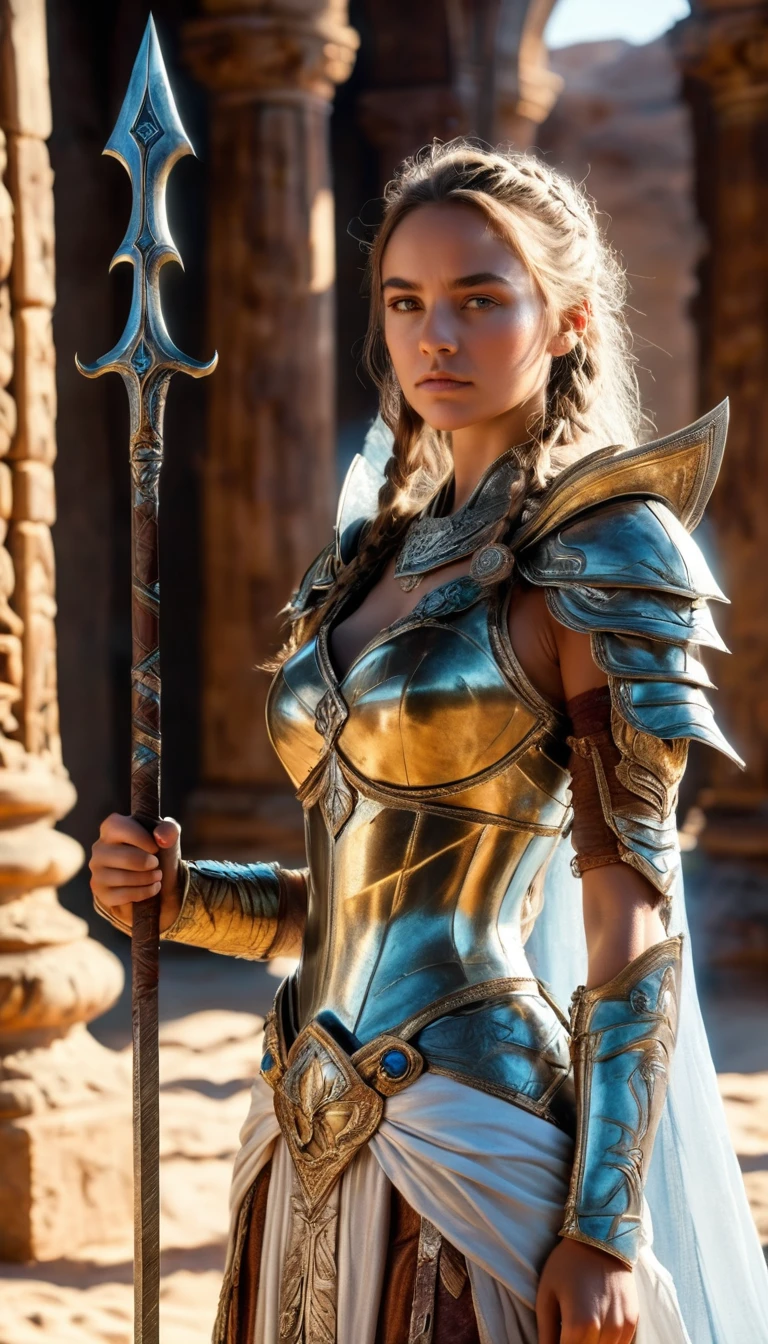 Masterpiece, full body shot, proud great warrior who is desert king, stand with spear in hand, next to him stand his doughter a little desert princess, she stands feisty supported by her arms akimbo, makes a menacing face, both wearing light tunic, RAW, 8K, ultra high resolution, photorealistic, UHD, DSLR, RAW, Phase one XF IQ4, 150 MP, desert, oasis, palace