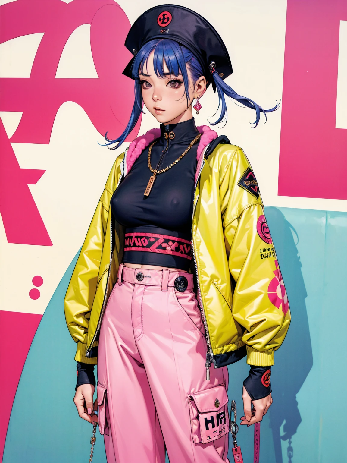 (((best qualityer))), (((absurdres))), (((1girl))), (((Urban girl))), a beautiful girl with colorful hair wearing ultra modern clothes with kanji printed on her nylon jacket with diamond-shaped stitching, bright and contrasting colors, Hip-hop style low-waisted wide-leg pants with panty straps showing, stylish hat with vertical seams, Brand logo, hip-hop gold neck chains, padlock, buttons with Japanese art, colorful hair and futuristic modern cut, with your hand in your pocket, in the background buildings and walls with colorful graffiti, under boob