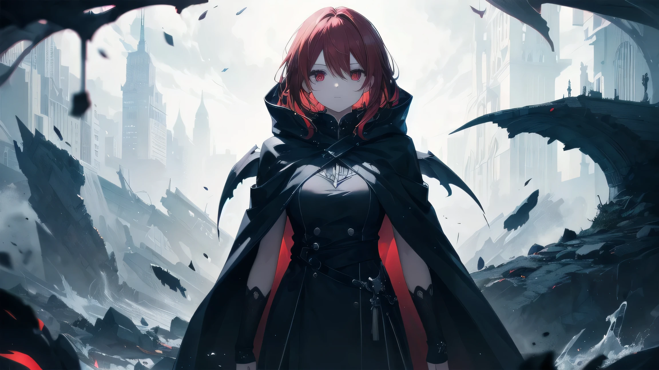 A young woman with long, flowing red hair、A striking illustration of a man in a dark hooded cloak。Standing confidently amid a dramatic backdrop of swirling splashes of black and red、It exudes a strong and mysterious atmosphere.。Her red eyes match her hair color.、Rin々It has a new and attractive presence。The cloak she wears is black.、It contrasts sharply with the white shirt worn underneath.。The overall style is dynamic and detailed.、A mix of fantasy and gothic elements、It exudes dark charm and power.。