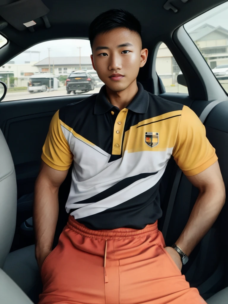 A handsome, muscular young Asian man looks at the camera. In a simple polo shirt black and yellow , car sunlight, 