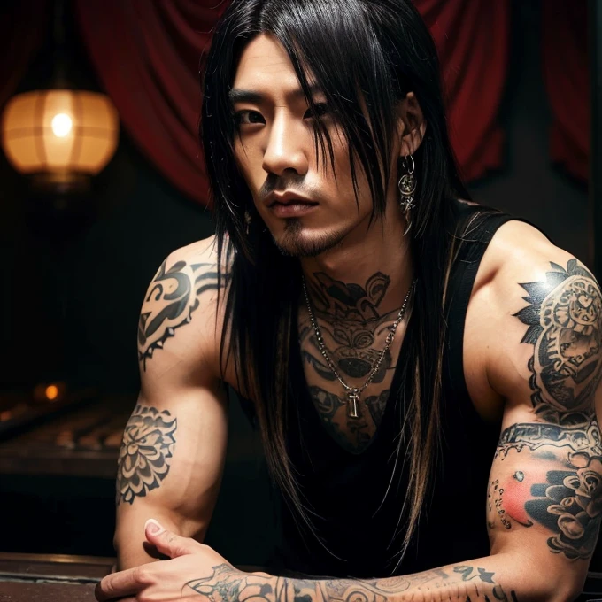 1 man, Japanese man, male, Asian eyes, muscular, broad shoulders, yakuza tattoos, hairstyle Visual Kei style, hair Visual Kei, black men's shirt and black pants, ultra detailed face, hyperrealistic, realistic representation, long hair, long hair, 30 years old, age 30 years, blond, blonde hair