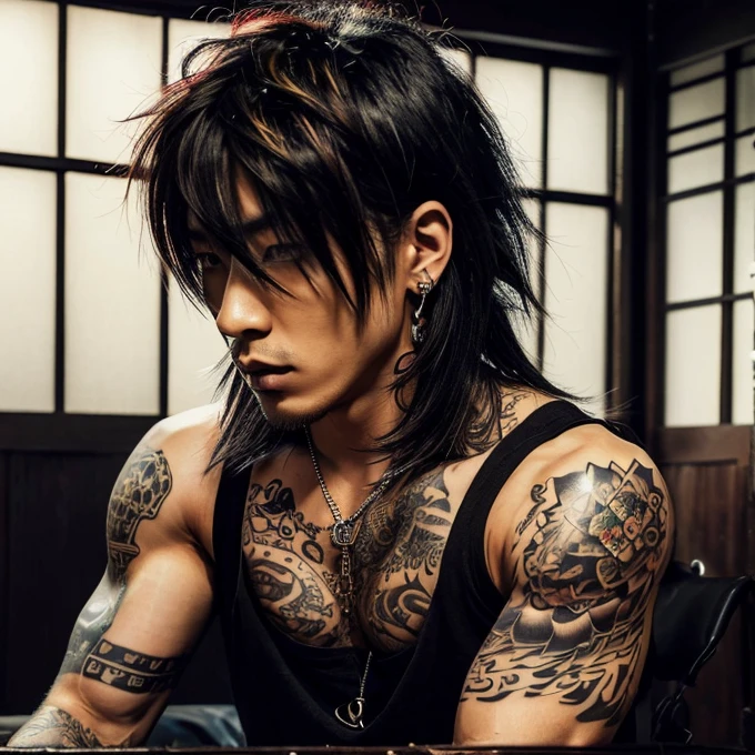 1 man, Japanese man, male, Asian eyes, muscular, broad shoulders, yakuza tattoos, hairstyle Visual Kei style, hair Visual Kei, black men's shirt and black pants, ultra detailed face, hyperrealistic, realistic representation, long hair, long hair, 30 years old, age 30 years, blond, blonde hair