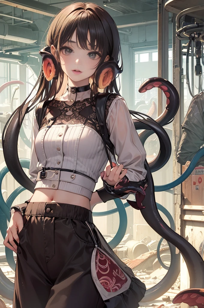 Girl captured by tentacles in abandoned factory Tentacles in a skirt Pants fabric texture