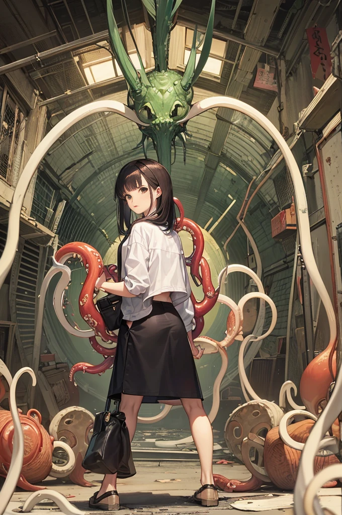 Girl captured by tentacles in abandoned factory　Tentacles in a skirt　Pants fabric texture　