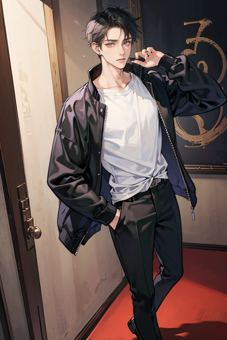 (masterpiece), best quality, seductive eyes, perfect face, handsome man, brown eyes, long sleek tied black hair, long nose, plain grey t-shirt, volleyball jacket, black fitted pants, full body, tall man, long legs, anime cover, 1boy, ear piercings, hands in pockets, adult-like look