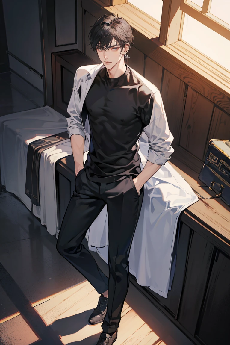 (masterpiece), best quality, seductive eyes, perfect face, handsome man, brown eyes, long sleek tied black hair, long nose, plain grey t-shirt, volleyball jacket, black fitted pants, full body, tall man, long legs, anime cover, 1boy, ear piercings, hands in pockets, adult-like look