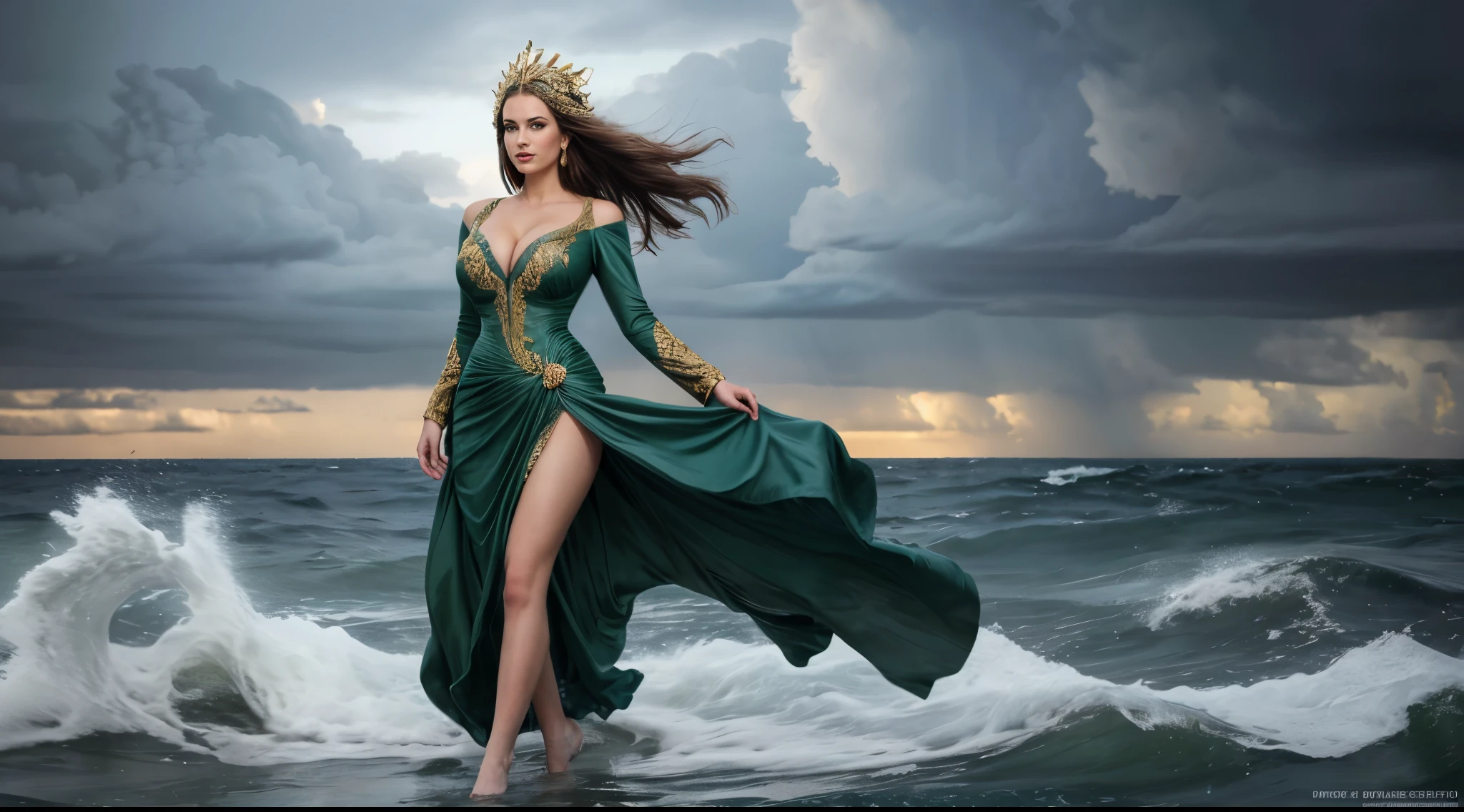 1girl, full body, green dress, walking on water, very long hair, colossal hurricane, stormy sea, swirling wind, crashing waves, fury ocean, cinematic lighting, (masterpiece:1.4), traditional clothing, detailed face, ornate headpiece jewelry, looking at viewer, dangle earring, official art, soft clothes, costumes fluttering in the wind, super detailed, beautiful and aesthetic, top quality, grand, bold composition, glitter, high definition, full gigantic breasts,