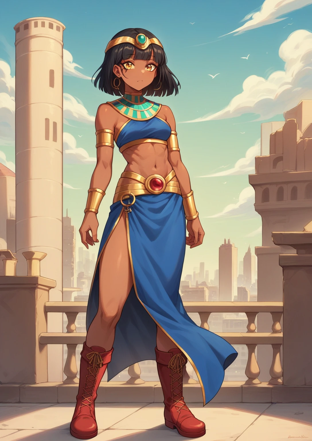 Masters of the Universe. detailed style. athletic Egyptian woman with straight black hair. She wears a top, blue skirt, bare belly with golden details, golden belt with red round jewel, gold armbands, red boots.. darkskin. Cute clouds in blue sky. standing proudly, cityscape background