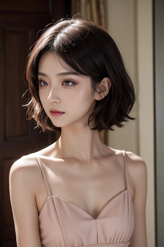 Beauty，Short, shoulder-length hair，Magenta  eyes，Zhu Runxin&#39;s long，Slim and sexy figure，Grey low-neck fitted dress，Black high heels，26 years old