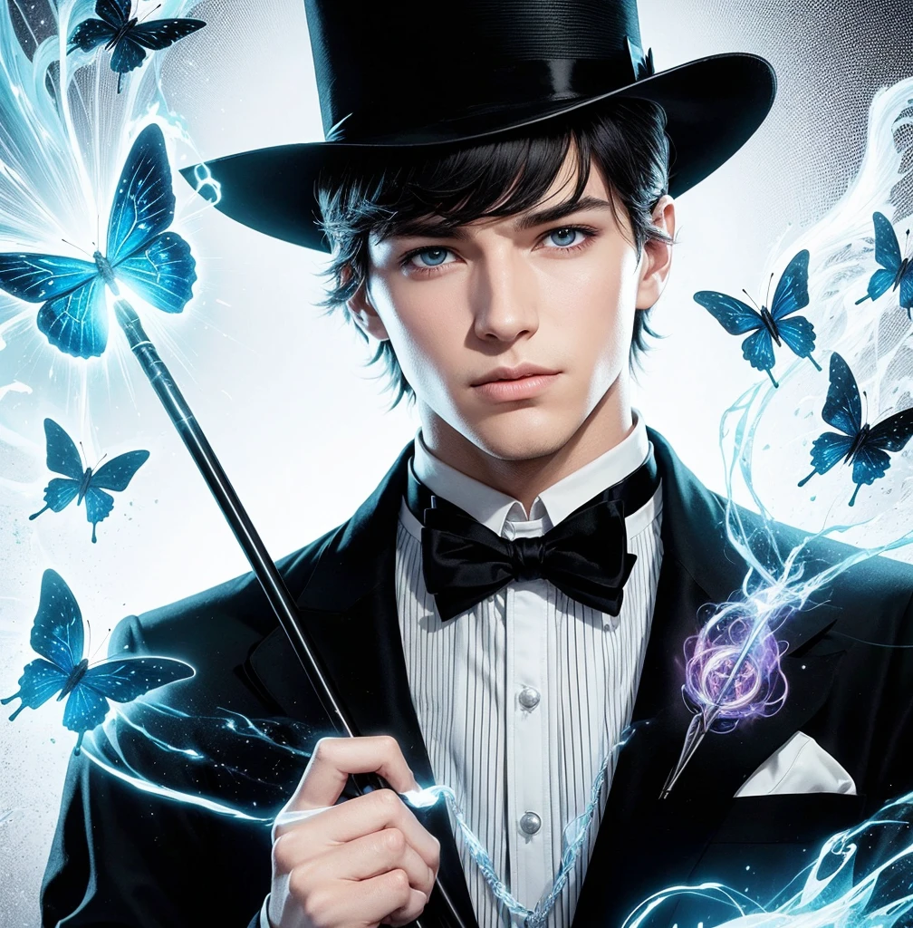 American classic comic book art: Handsome ethereal young man delicate, black short hair bangs, black wizard hat on head, navy black magician outfit Zatanna, fishnet stockings, holding an elegant cane, white gloves, emanating bright blue magic, yellow pink energy, white eyes, sorcerer magician, beautiful thighs, very young face man, lilac light magical butterflies, Magic of Imagination, casting spell, medieval castle, classic comic book