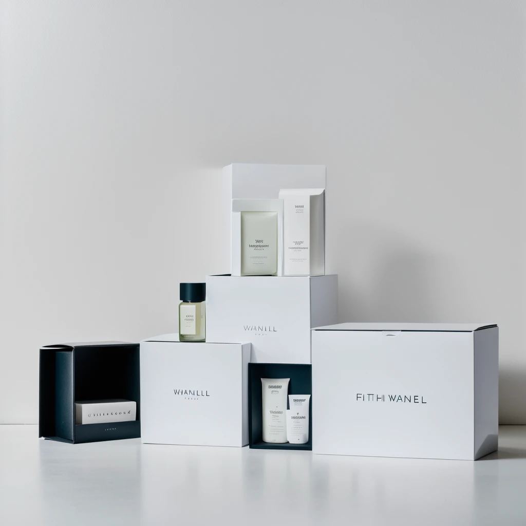 Create an ultra-realistic cinematic high-resolution 16k high gloss high saturation high contrast high sharpness image of a product box display with white wall background. The product boxes should be arranged neatly and symmetrically on shelves, with ample lighting to highlight their details and branding. The white wall background should be clean and pristine, creating a sense of minimalism and focus on the products. The overall composition should be visually appealing and attention-grabbing, showcasing the products in their best light.
Additional details:
* The product boxes can be of various shapes and sizes, but they should all share a cohesive design aesthetic.
* The lighting should be soft and diffused, creating a natural and inviting atmosphere.
* The white wall background should be slightly textured to add depth and interest.