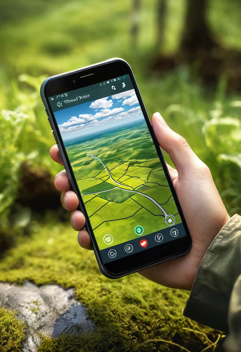 It's very realistic, with a smartphone in your hand and a map displayed on the smartphone screen, There are signs of a fantastic landscape in the depths of the image, outdoor