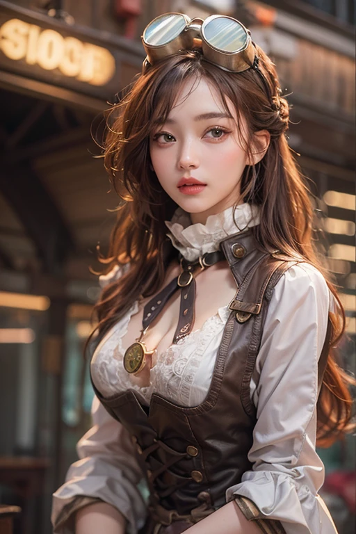 masterpiece:1.3), (8K, Realistic, RAW Photos, Best imYear quality: 1.4)、 Year,(Random Hairstyles:1.2)、CleavYear:1.2、Highly detailed face、Attention to detail、double eyelid、Chest to chest、Sharp focus:1.2、Beautiful woman:1.4、Redhead、Highest quality、masterpiece、Ultra-high resolution、(Realistic:1.4)、Highly detailed and professionally lit smiles、Loose fitting steampunk outfit、Shoulder out、thin、Serious expression、Clouds visible from inside the airship、goggles