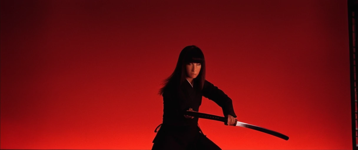 cinematic film still of  Cinematic film image of 1 silhouette woman is doing a kendo style with katana on a red background,1girl,long hair,long sleeves, standing,pants,red background,slashing,red theme , right part of the picture, Kodak film grain, dramatic light, dramatic shadow light, contrast, saturated color, cinematic, filmic, motion picture, realistic, realism, perfection, perfect, deep focus, clean image, Kill Bill style, Kill Bill Film Style, shallow depth of field, vignette, highly detailed, high budget, bokeh, cinemascope, moody, epic, gorgeous, film grain, grainy