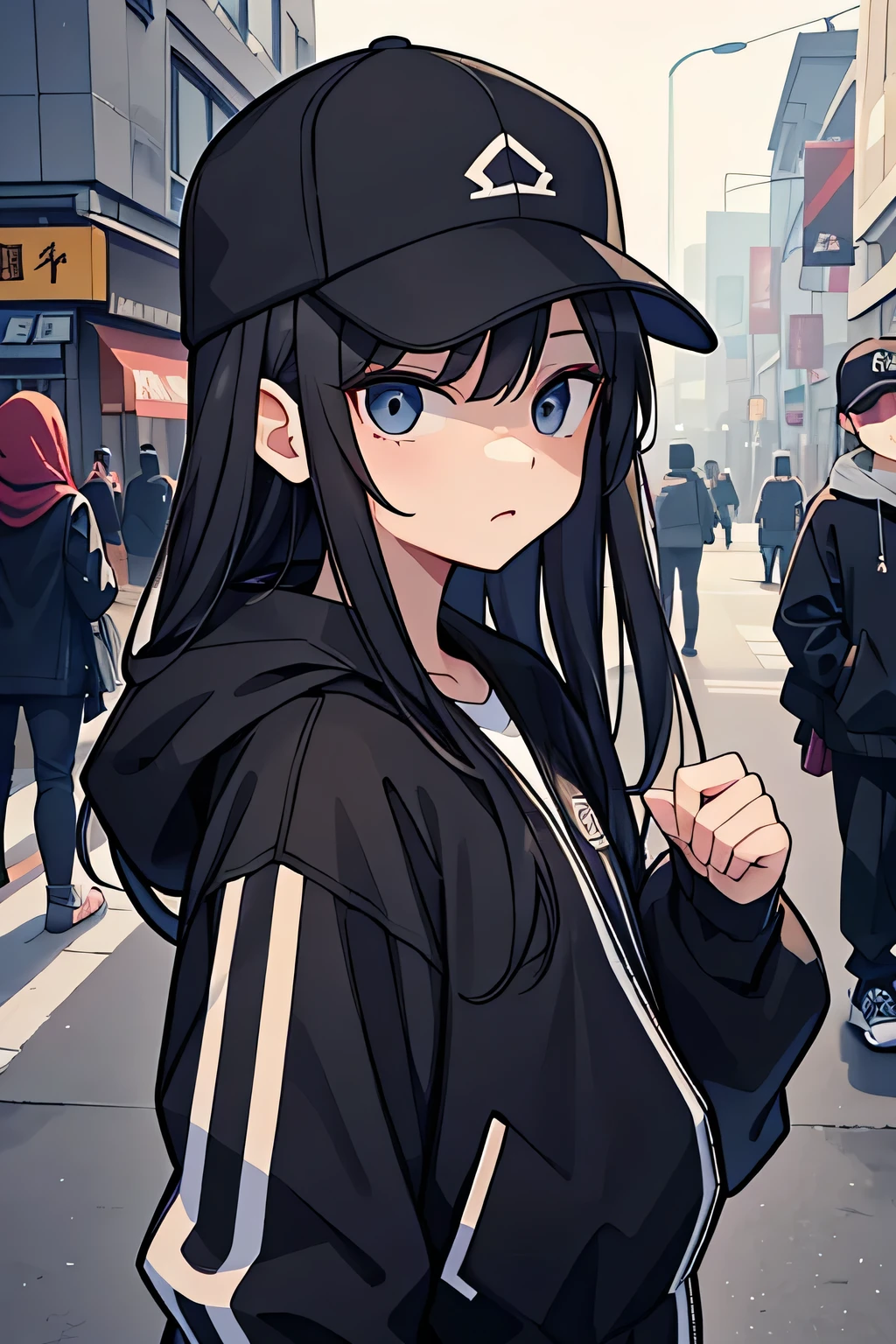 20-year-old women、Wearing a cap、Wearing a black windbreaker、Glaring、Passing people、scared、Beautiful hands、Beautiful fingers