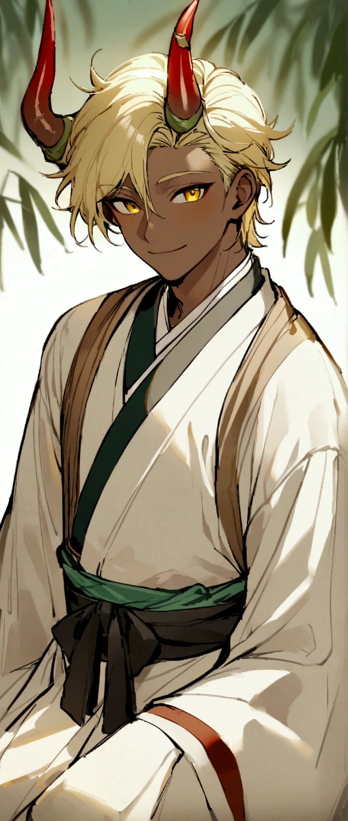 One man,Beautiful young man with blond hair and dark skin, 20-year-old, Yellow Eyes, A single red horn grows from the right side of its head......,The horn has three bamboo-like nodes...., Wearing traditional Korean clothing, Smile