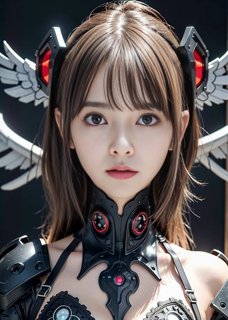 best quality、Masterpiece、Super high resolution、(photoreal:1.4)、raw photo、Battle Robot Angel、large metal wings、white porcelain body、Acrylic clear cover、gray hair、glowing skin、1 cyborg girl、((Very realistic details))、drill a hole、global illumination、black shadow、octane rendering、、very sharp、character edge light,giant 、Raw skin exposed to cleavage、Intricate decorative details、gothic ta details、hydraulic cylinder、Small LED Lights、very intricate details、realistic light、purple eyes、shining eyes、towards the camera、neon lights details、cowboy shot、Futuristic headgear、About the floor plan《cyberpunk character》、、
