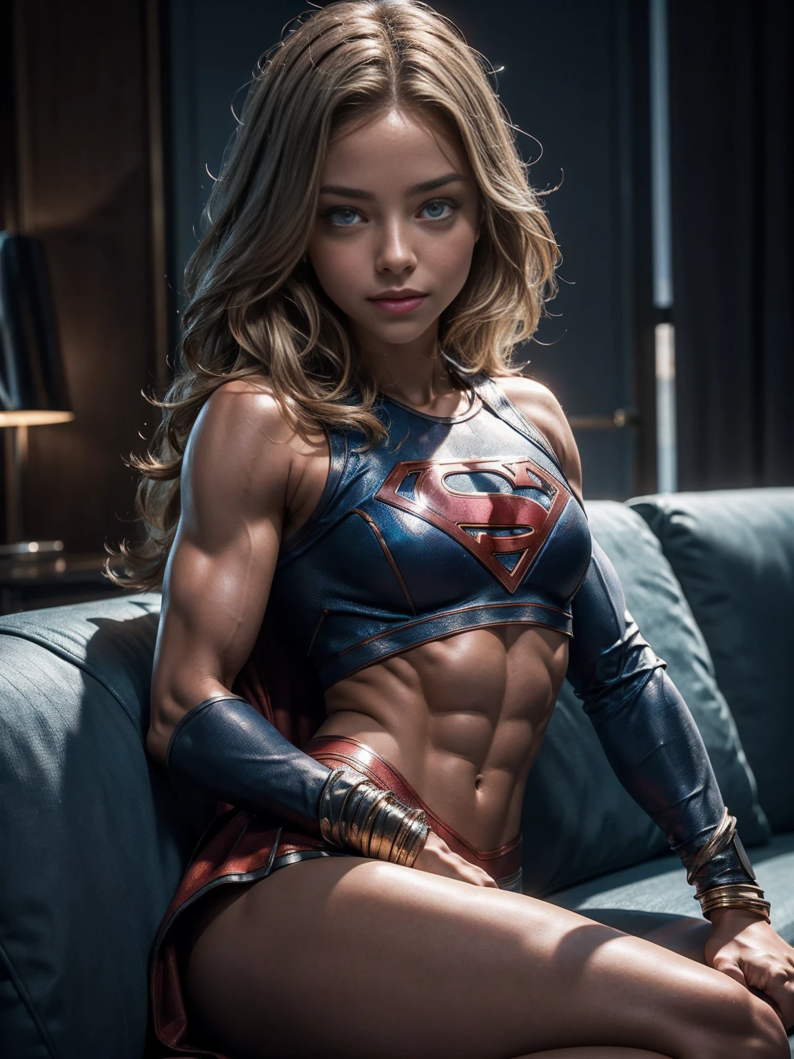fit Sydney Sweeney, sitting on sofa, (flexing bicep pose:1.4), long flowing blonde hair, blue eyes, seductively smiling, flirtatious, abs, Real Life, full bodyshot, (Ultra Realistic:1.4), Photorealism, Photography, 8K UHD, Photo, HDR, Complex and Elegant, Highly Detailed, Sharp Focus, Stunning, Beautiful, (Gorgeous: 1.2), Best Quality 1:1, Ultra Detail: 1.4, Best Shadows, (8k: 1.1), (beautiful detailed face), high contrast, (perfect lighting: 1.2), ((cinematic light)), colorful, hyper-detail, dramatic light, intricate detail, photograph by arny freytag, 21 years old, muscular, Supergirl