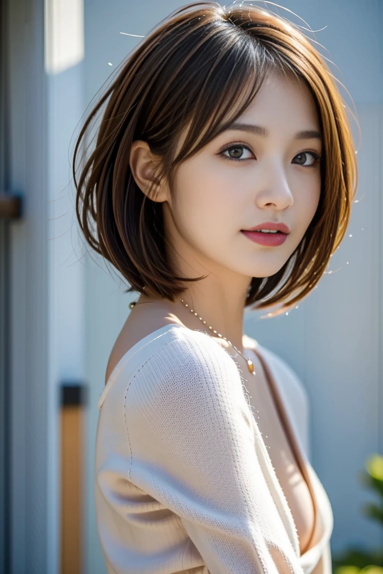 (Highly realistic photo, high resolution, detailed face, fine eyes), Shot in front of a white wall, Japanese woman, 40 years old, various expressions, One person: 1, Slim figure, various hairstyles, One person in the photo, Shot in natural light, Simple necklace, Summer clothes, Not looking at the camera, Profile, Dark brown hair color, Fresh smile, Sexy clothes with a lot of exposure,