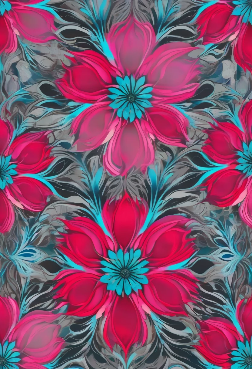 Red and pink flower with fully gray leaves and stem, the background has a blue and teal wallpaper inspired by phosphenes and intense patterned visionary psychedelic kaleidoscopic art