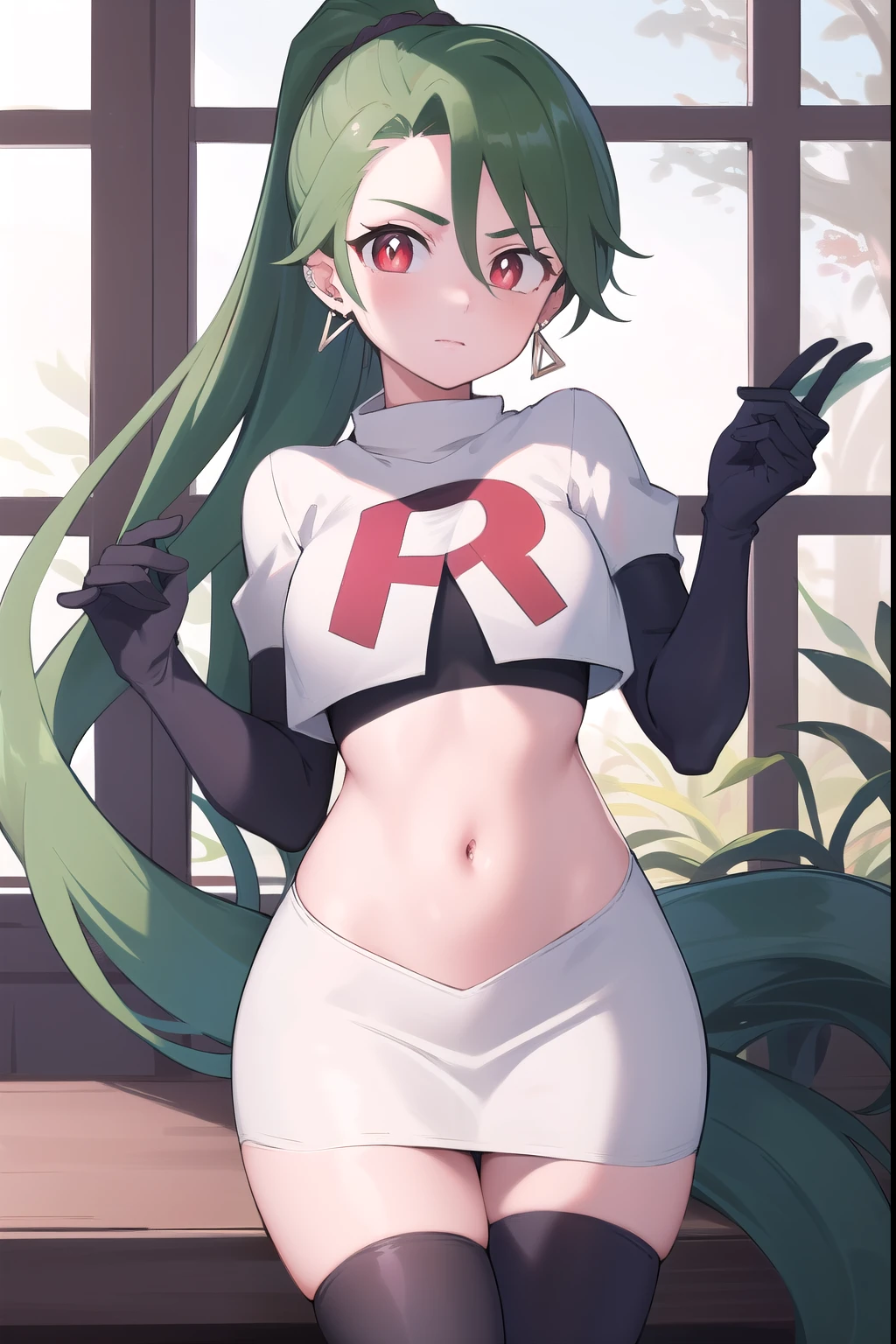 absurdres, best quality, 1girl, solo, eye focus, looking at viewer,  rika, ahoge, ponytail, bright pupils, white pupils, earrings, green hair, red eyes, bright pupils, team rocket,team rocket uniform,white skirt,red letter R,crop top,black thigh-highs,black elbow gloves