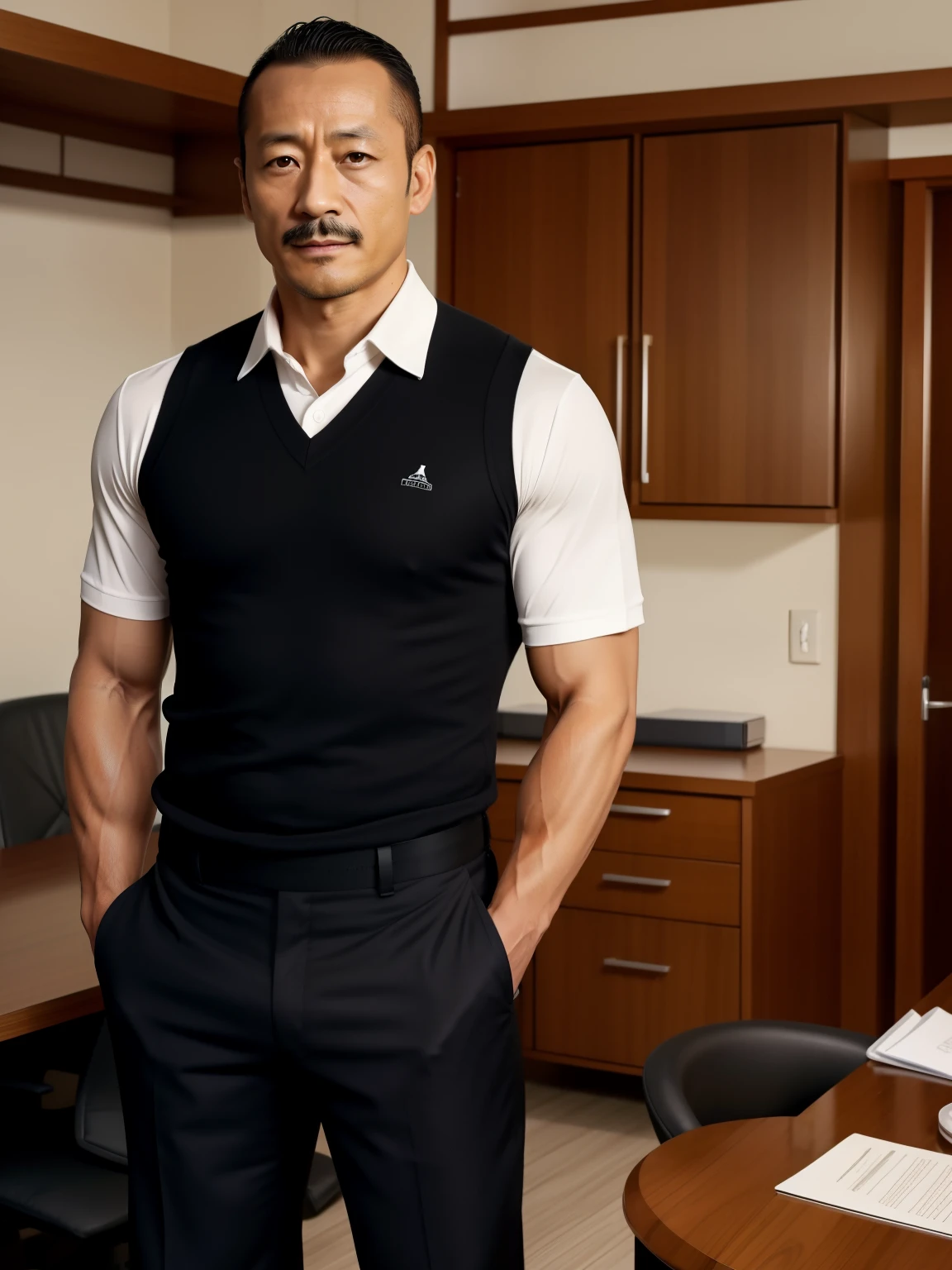 45 yers old，Hidetoshi Nakata ，（Kogoro Mouri 1.3），浴室，A muscular man crouches，Raised butt，leg wide open，Crotch contour，wearing an sexy underwear，Polo shirt，with mustache，tmasterpiece，k hd，the feet，semi transparent，black long socks，Thick chest hair，dark-skin，scowling，ssmile
