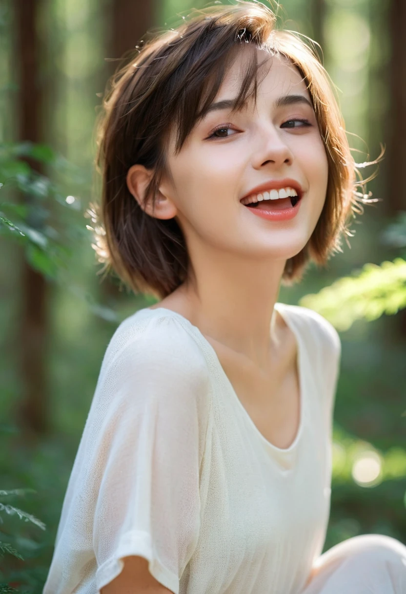 beautiful girl, (((((small)))), showing face, protruding tongue, short hair, brown, 8k, professional photography, delicate, clear, in the forest, sun, light leakage, masterpiece, (beautiful)))), (reality)))), smile, fantastic, angel, young