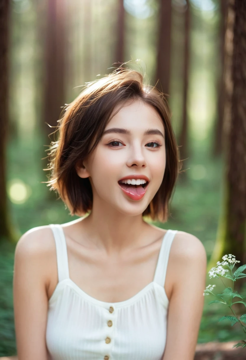 beautiful girl, (((((small)))), showing face, protruding tongue, short hair, brown, 8k, professional photography, delicate, clear, in the forest, sun, light leakage, masterpiece, (beautiful)))), (reality)))), smile, fantastic, angel, young