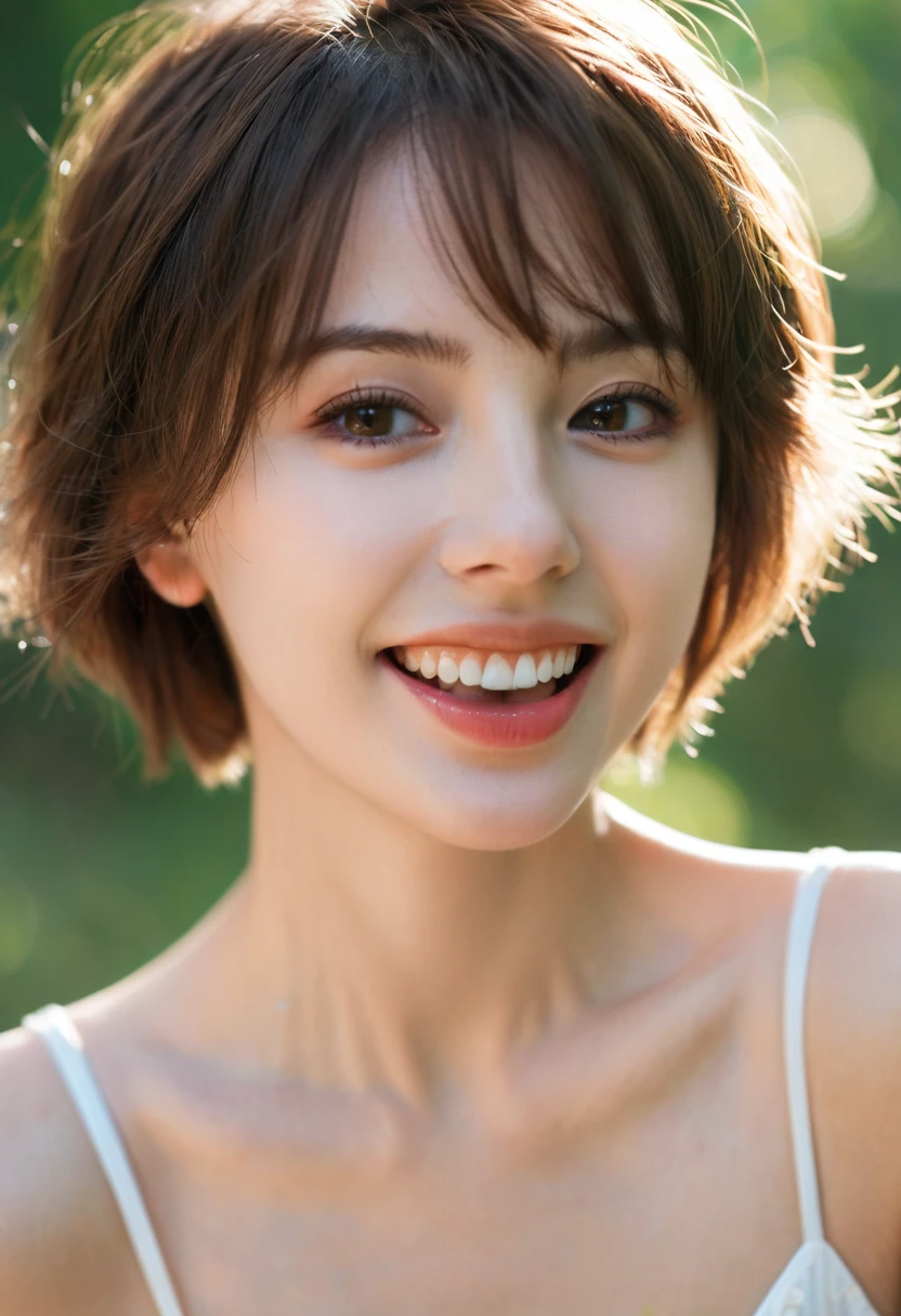 beautiful girl, (((((small)))), showing face, protruding tongue, short hair, brown, 8k, professional photography, delicate, clear, in the forest, sun, light leakage, masterpiece, (beautiful)))), (reality)))), smile, fantastic, angel, young