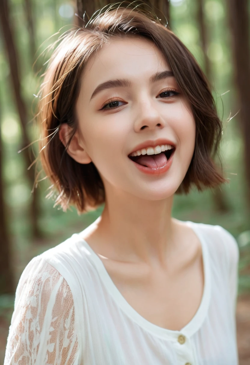 beautiful girl, (((((small)))), showing face, protruding tongue, short hair, brown, 8k, professional photography, delicate, clear, in the forest, sun, light leakage, masterpiece, (beautiful)))), (reality)))), smile, fantastic, angel, young