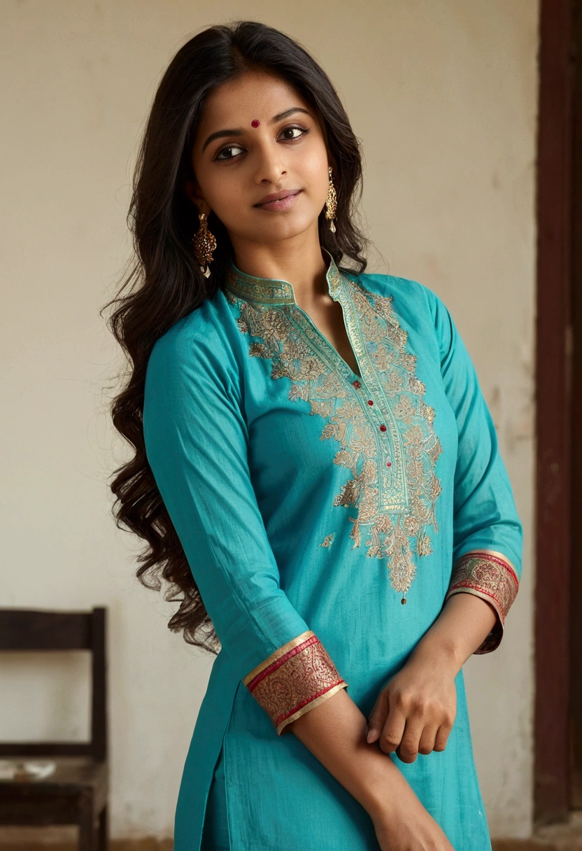 An Indian girl cute face perfect figure mid and ass in kurta aand trousers removing clothes