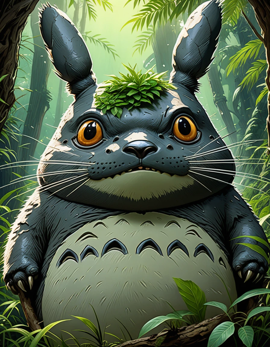 Portrait of a real Totoro, Surreal, Very fine fur, Sharp focus, Fine Lines, Fine art, Soft colors, In the sunlight, Detailed painting by Marc Ariane, art gelm, bastien lecouffe - deharme, Exoplanet colonization sites, A new frontier, Terraforming efforts, Pioneer spirit,