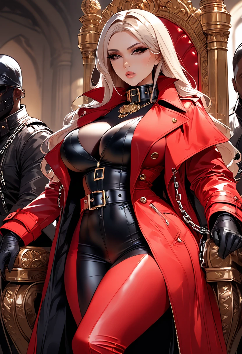 Femdom pretty hijab girl with , upper class, luxury, triad female leader, Known for her impeccable fashion sense and elegant demeanor, she is a true embodiment of the Versace brand. Her body language is as captivating as her style dressed all red rubber trench coat with (((dramatic high coat collar))) (((big and wide coat collar))), leather gloves and boots, elegant sit on big throne, holding a whip, in  room with her slaves, worshiped by  chained men