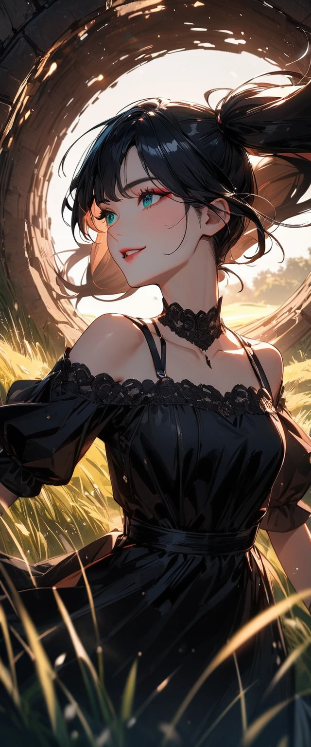 Photo of a woman with natural skin, grassland, Upper Body, Smiling, High Twintails, Black hair with red mesh, Sharp eyes with red eyeshadow, Blue-green eyes, Shining eyes, A thin, upturned nose, Well-shaped lips, ((Black off-the-shoulder dress, Thin shoulder straps)), barefoot, Makeup, Exquisitely crafted with the utmost attention to detail, Vibrant, amazing, Smooth, Cinematic, 4K, Backlight, ((綺麗な星空が見える広いgrassland)), Shallow depth of field, ((Detailed eyes:1.3, Detailed lips:1.3, high quality, )), masterpiece, Super detailed images, High quality