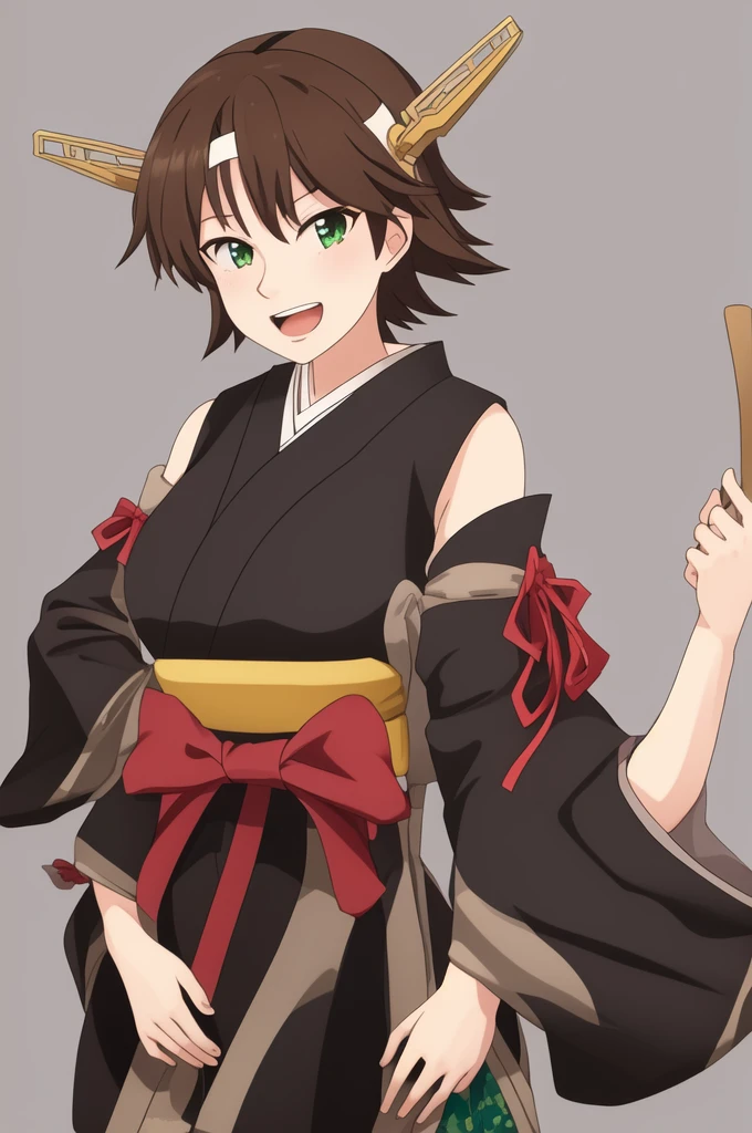 Highest quality, masterpiece, High resolution, 一人in, {Mount Hiei_Fleet Collection:1.15}, brown_hair, short_hair, hairband, headgear, Non-traditional_Shrine maiden, smile, green_eye, Inverted up_hair, Open_mouth, One girl, independent_sleeve, Japanese_Clothes, Looking_in_Audience, ribbon-trimmed_sleeve, ribbon_trim, upper_body, Simple_background, white_background, one hour_drawing_Challenge