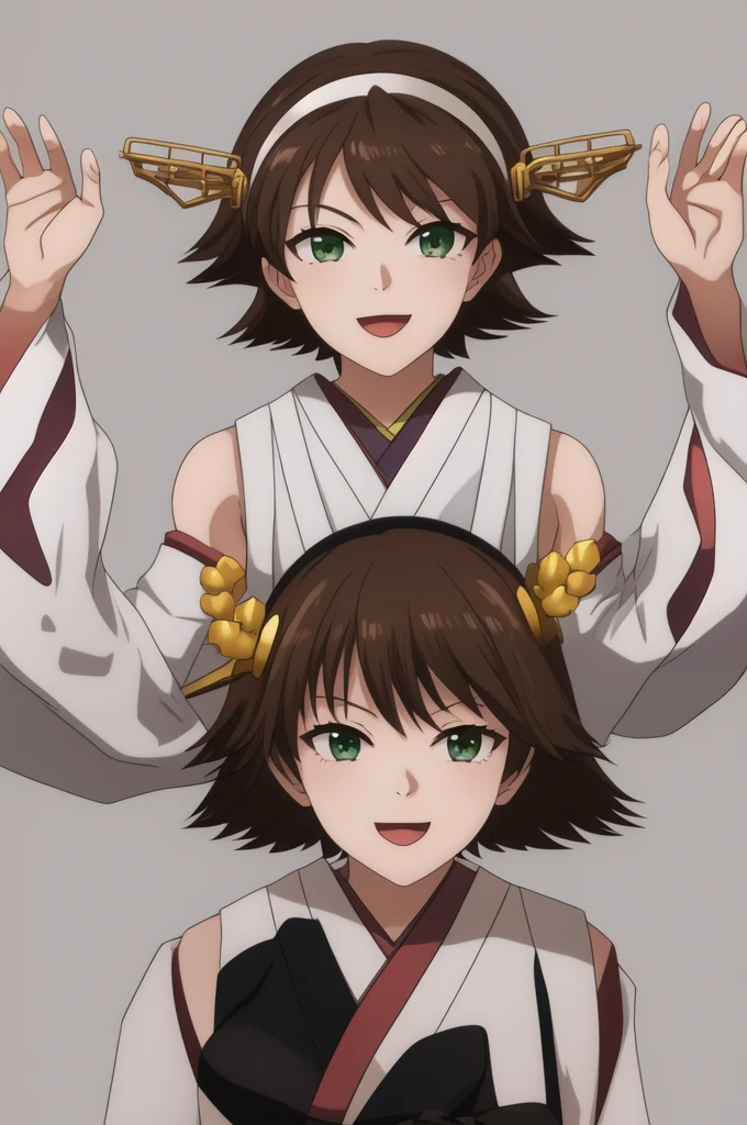 Highest quality, masterpiece, High resolution, 一人in, {Mount Hiei_Fleet Collection:1.15}, brown_hair, short_hair, hairband, headgear, Non-traditional_Shrine maiden, smile, green_eye, Inverted up_hair, Open_mouth, One girl, independent_sleeve, Japanese_Clothes, Looking_in_Audience, ribbon-trimmed_sleeve, ribbon_trim, upper_body, Simple_background, white_background, one hour_drawing_Challenge