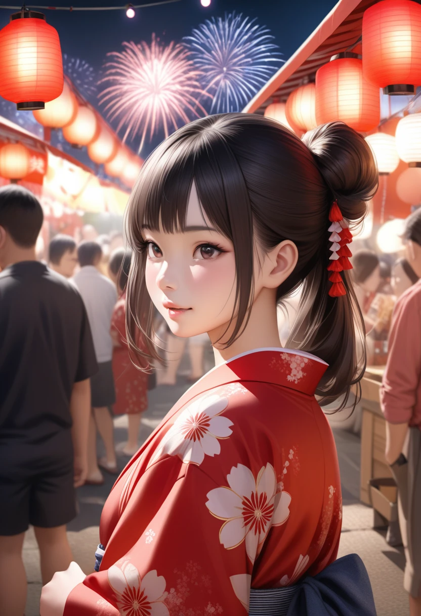 photorealistic,ultrarealistic,japanese young girl,wearing red yukata,lanterns,and night market stalls in the background,at a summer festival with fireworks